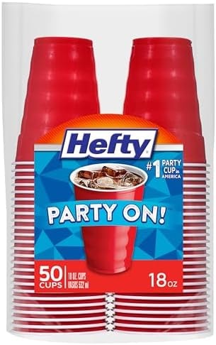 Hefty Party On Disposable Plastic Party Cups, 50 Count, 18 Oz Red Cups for Parties, Tailgates, Birthdays, Holidays, and More, Contoured Shape for Easy Gripping, Strong and Durable