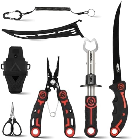 RUNCL 4pc Fishing Tool Kit- Fishing Pliers, Fish Fillet Knife with Sharpener, Fish Lip Gripper, Fishing Braid Scissors, Saltwater Fishing Gear and Equipment with Sheath/Lanyard, Fishing Gifts for Men