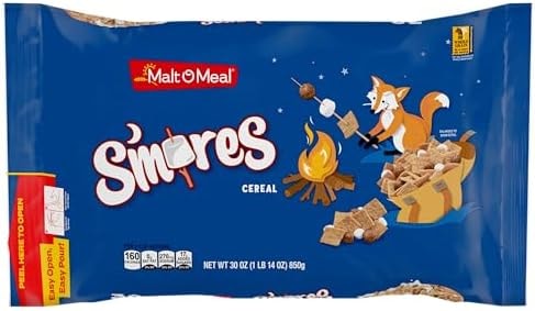 Malt-O-Meal S'mores Breakfast Cereal with Honey Graham Squares, Chocolatey Puffs and Marshmallow Bits, Large Size for Family, 30 oz Bag