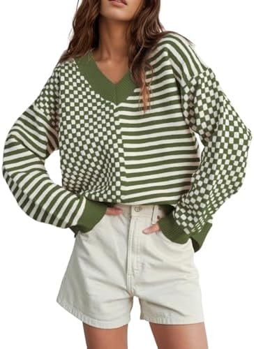 UNCLECAT Womens Striped Checkered Sweater V Neck Fall Trendy Pullover Tops