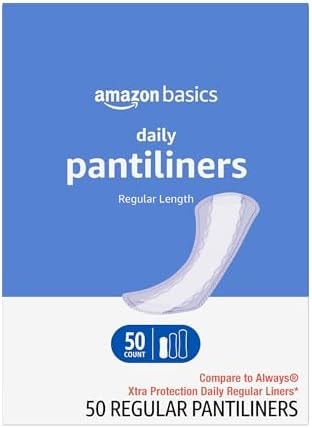 Amazon Basics Daily Pantiliner, Regular Length, Thin Absorbent Feminine Pads for Women, Unscented, 50 Count (Previously Solimo)