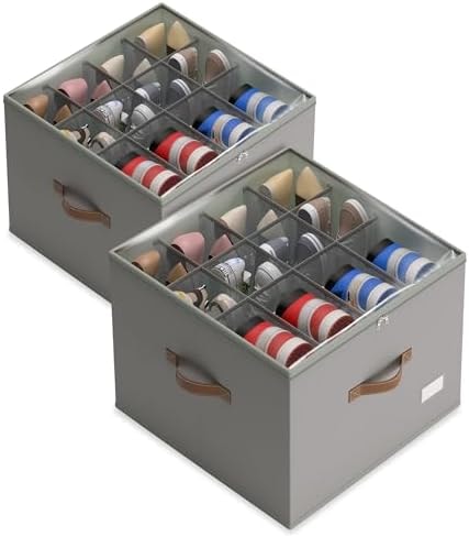 Vincona Shoe Organizer for Closet, 2 Pack Foldable Shoe Storage Bins with Clear Cover & Handles, 16-Compartment Shoe Box for Sneakers, Heels, Boots, Space-Saving Shoe Rack for Entryway, Dorm, RV