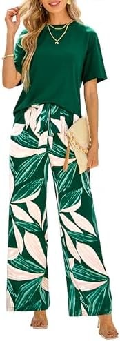 PRETTYGARDEN Women Summer 2 Piece Travel Outfits,Dark Green Floral,XXL