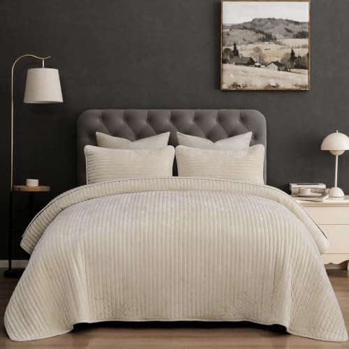 PHF Striped Channel Luxury Velvet Quilt Set Queen Size, Sand