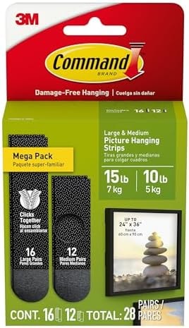 Command Large (15lb) and Medium (10lb) Picture Hanging Strips, Black, 28 Pairs (56 Strips), Damage-Free Wall Hangers for Picture Frames and Other Decor, No Tools Required