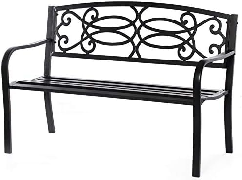 Gardenised QI003772 Steel Outdoor Patio Garden Park Seating Bench with Cast Iron Scrollwork Backrest, Front Porch Yard Bench Lawn Decor