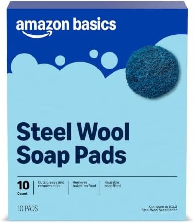 Amazon Basics Steel Wool Soap Pads, Reusable, Cuts Grease and Removes Rust, 10 Count, Pack of 1