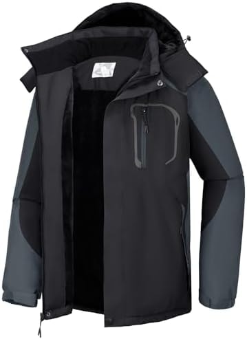 CAMEL CROWN Men's Ski Snow Jacket Waterproof Winter Snow Coat Windproof Warm Fleece Lining Hooded Parka Rain Jacket Black/Grey L