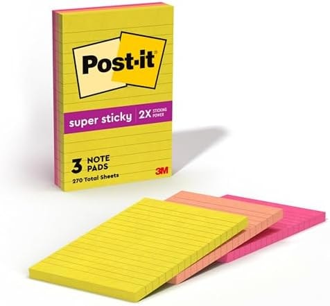 Post-it Super Sticky Notes, 4 x 6 in, Summer Joy, 3 Lined Pads