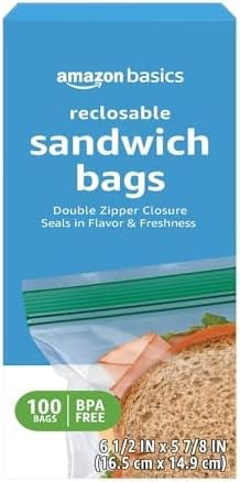 Amazon Basics Reclosable Double Zipper Sandwich Storage Bags for Food Storage, BPA Free, 100 Count