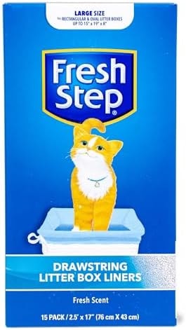 Fresh Step Drawstring Cat Litter Box Liners, Scented Heavy Duty Kitty Litter Bags for Large Oval or Rectangle Pans, Helps Contain Odor and Mess, Easy Lift Out Cleanup, 2.5 ft x 17 in, 15 Count