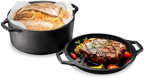 NutriChef Cast Iron Multi Cooker - Pre-Seasoned Non-Stick Double Dutch Oven Stovetop Casserole Cookware Braising Pot and Skillet Lid with Handle- For Oven, Stove, Grill, Over a Campfire Cooking
