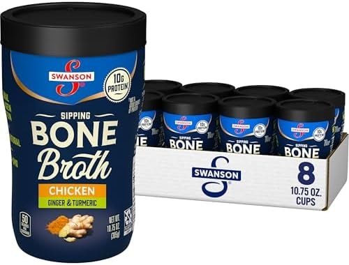 Swanson Sipping Chicken Bone Broth With Ginger and Turmeric, 10.75 oz Microwavable Cup (8 Pack)