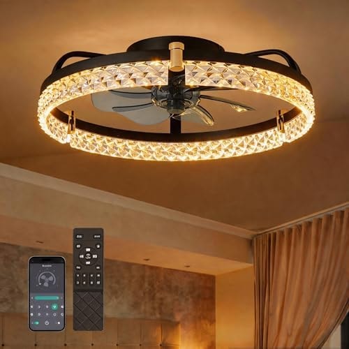 DIAMONDFORGE Ceiling Fans with Lights and Remote Fandelier - Low Profile Modern - 20'' Flush Mount Ceiling Fans for Bedroom,Stepless Color Temperature and 6 Speeds- Black and Crystal