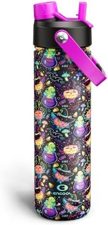 ENCOOL Insulated Water Bottle with Straw Stainless Steel Water Bottle, Leak-Proof, BPA-Free, Double Wall Vacuum Keeps Cold for 24 Hours for Sports, Travel, School (26 oz, Meowgic Night)