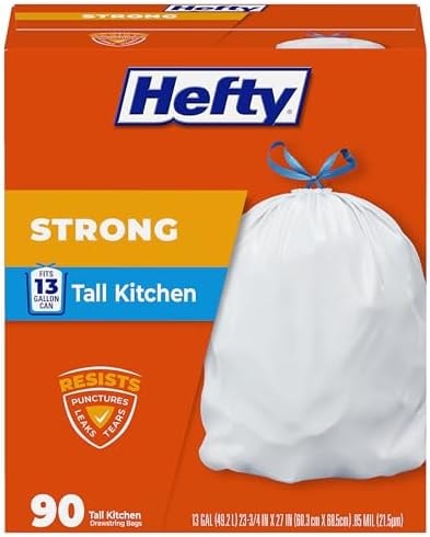Hefty Strong 13 Gallon Trash Bags, Tall Kitchen, Drawstrings, Durable Closure, Resists Leaks, Punctures, Tears, White, Unscented, 90 Count