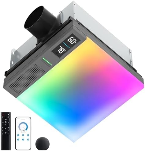 Hawkrown Sliding Exhaust Fan with Bluetooth Speaker, 230 CFM, Humidity & Odor Sensor, 3-Color Temp & RGB Lights, App/Voice/Remote Control, Easy-Clean Dust Filter (Ivory)