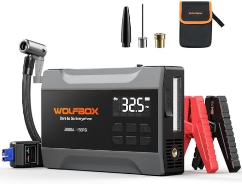 WOLFBOX MV10A 2000A Jump Starter with Air Compressor, 37Wh Car Battery Jumper Starter Portable (up to 5L Gas Engine) with 150PSI Tire Inflator, 12V Jump Box with Jumper Cables, Boost, LED Light