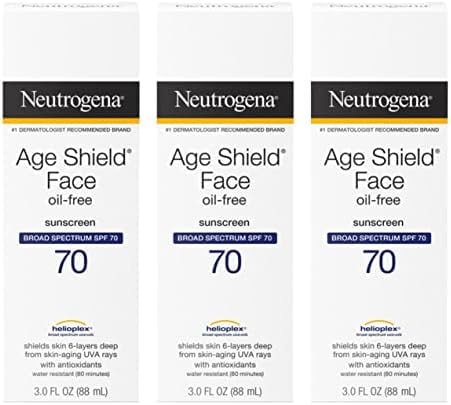 Neutrogena Age Shield Face Oil-Free Sunscreen Lotion with Broad Spectrum SPF 70, Non-Comedogenic Moisturizing Sunscreen to Help Prevent Signs of Aging, PABA-Free, 3 fl. oz (Pack of 3)
