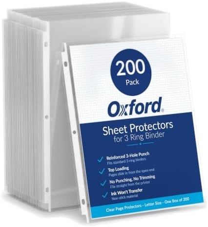 Oxford Sheet Protectors, Clear Finish, Page Protectors for 3 Ring Binder,Top Load, Letter Size Plastic Sleeves, Reinforced 3 Hole Punch for Binders, 200 per Box (33268)