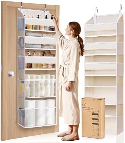 Ordovibe 5 Tiers Over the Door Organizer with 10 Mesh Side Pockets, 44 lbs Weight Capacity Closet Hanging Storage Organizer with Large Clear Window Kids Toys, Shoes, Diapers, Beige