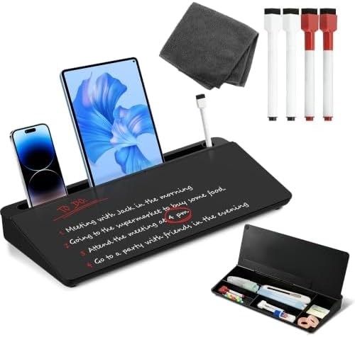 VUSIGN Glass Desktop Dry Erase Whiteboard with Hidden Storage | Sturdy Hinge Design, Scratch-Resistant Glass Surface, 4 High-Visibility Markers | Desk Buddy Organizer for Home Office (Black)