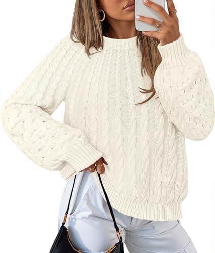 MEROKEETY Women's Fall Cable Knit Lantern Sleeve Chunky Sweater, White, S