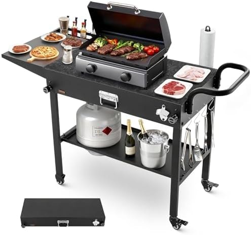VEVOR Outdoor Grill Cart, 31.0 x 17.0 inch Tabletop Size Grilling Table, Foldable Outdoor Cooking Table with Tissue Holder, Hooks, Wheels, Side Table, BBQ Prep Tables for Picnic, Kitchen, Courtyard