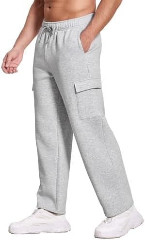 Deyeek Men's Thick Cargo Sweat Pants Straight Leg Fleece Pants with Pockets