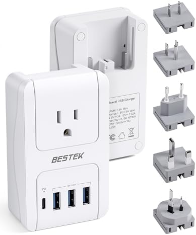 BESTEK International Travel Adapter, PD 35W USB‑C Travel Charger with 3 USB‑A Ports & 1 AC Outlet, Multi‑Port Travel Power Adapter for US EU UK AU, NO Voltage Conversion