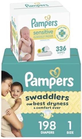 Pampers Swaddlers Disposable Baby Diapers Size 1, One Month Supply (198 Count) with Sensitive Water Based Baby Wipes 4X Pop-Top Packs (336 Count) [Packaging May Vary]