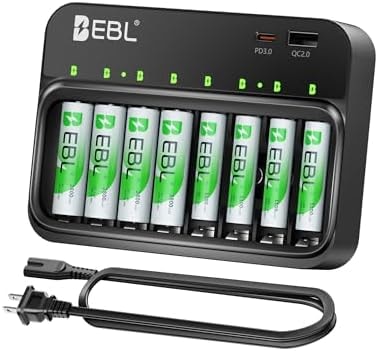 EBL Rechargeable Batteries and Charger, AA 2800mAh 4Packs & AAA 1100mAh 4Packs with PD 20W Smart Battery Charger with USB-C & USB-A Ports
