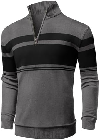 NITAGUT Mens Sweaters 1/4 Zip Up Striped Pullover Slim Fit Fall Winter Spring Long Sleeve Polo Sweaters,Dark Gray, 3X-Large