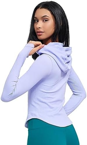 Womens Hooded Athletic Long Sleeve Running Shirts Workout Yoga Tops with Thumb Holes Slim Fit Lt-Purple L