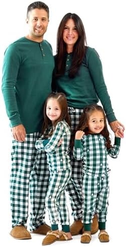 Butterblu Matching Family Jammies Holiday Pajamas Organic Cotton PJs Adults, Kids, Toddlers, Baby, Pets, Check Out Green, 8 Years