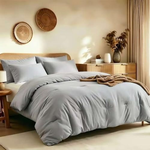 Quataly Queen Comforter Set Prewashed Lightweight Quilted Bedding, All Season Breathable Down Alternative Solid Light Grey Comforter (90"x90") with 2 Pillowcases