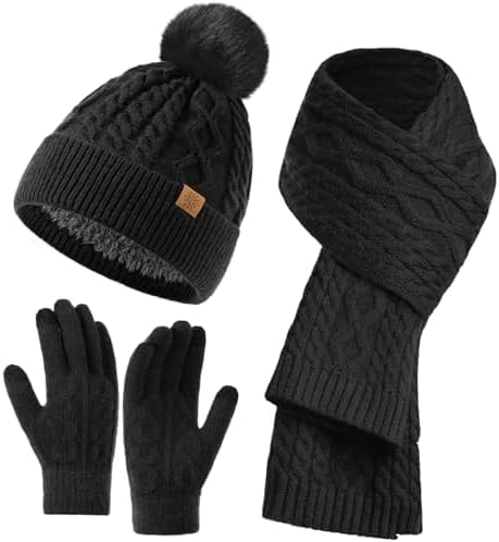 Tavaleu Winter Warm Fleece Lined Hat Scarf Gloves Set for Women Men Gifts