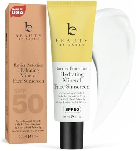 Mineral Sunscreen for Face SPF 50 – Broad Spectrum Zinc Oxide, Made in USA with Natural & Organic Ingredients, Hydrating Daily Moisturizer for Sensitive Skin, No White Cast & No Chemicals