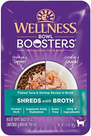 Wellness Bowl Boosters Shreds with Broth Wet Cat Food Topper, Grain Free, Natural, Flaked Tuna and Shrimp Recipe, 1.75 oz, Pack of 12 Pouches
