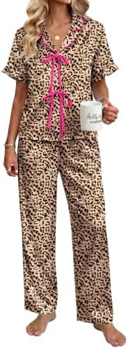 Ekouaer Womens Satin Pajama Sets Silky Tie Front Ruffle Pjs Sets Sleepwear