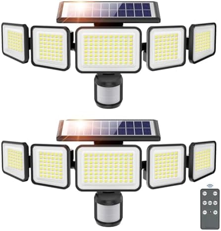 omibee Solar Lights Outdoor 6000LM 236 LEDs Motion Sensor Outdoor Lights, 5 Heads Security Wall Lights,3 Mode, IP65 Waterproof Flood Lights with Remote Control for Garden, Backyard,2 Pack