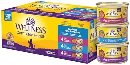 Wellness Complete Health Pate Variety Pack Adult Canned Wet Cat Food, Natural, Protein Rich, Grain Free, Seafood Favorites, 3 oz, Pack of 12 Cans