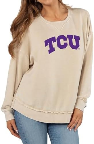 chicka-d Women's Burnout Hi-Lo Campus Crewneck Fleece Sweatshirt NCAA Arch Over Icon Neutral, TCU Horned Frogs, Oatmeal, Medium