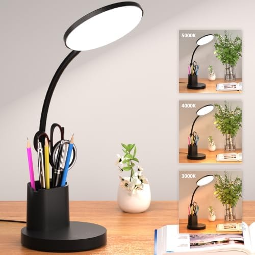 Vicsoon Desk Lamp, LED Desk Lamps for Home Office, Touch Table Lamp with 3 Color Modes 360° Adjustable Arm, Dimmable Desk Light with Pen Phone Holder for College Dorm, Black