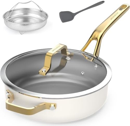10-in-1 White Ceramic Nonstick Deep Saute Pan Set With Steamer & Lid, 4QT