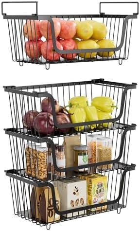4 Pcs Stackable Wire Baskets for Pantry Organizers and Storage, Black