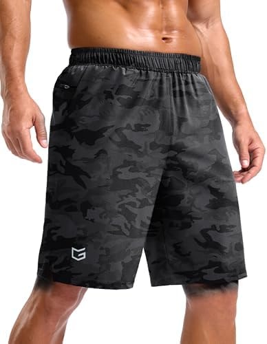 G Gradual Men's Workout Gym Shorts with 2 Zipper Pockets 7"/ 5"/ 9" Quick Dry Athletic Running Basketball Shorts for Men (Grey Camo, 9XXL)