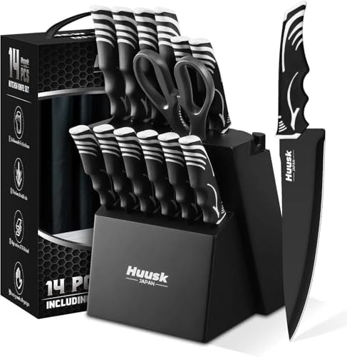 Huusk Knife Block Set with Sharpener -Kitchen Knives Set - Black