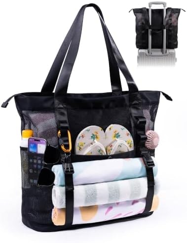 Elmklare 35L large Mesh Beach Tote Bag With Zipper for Women with 6 Pockets