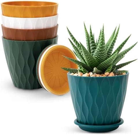 YNNICO 4 inch Plant Pots for Indoor with Drainage Holes and Tray Saucers